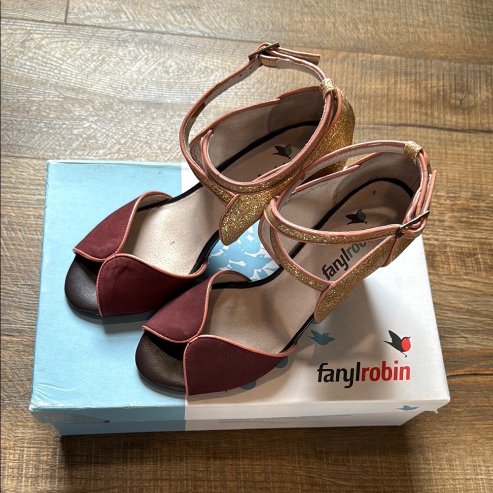Anthropologie Farylrobin Women's Burgundy and Gold Sandals. Size 6